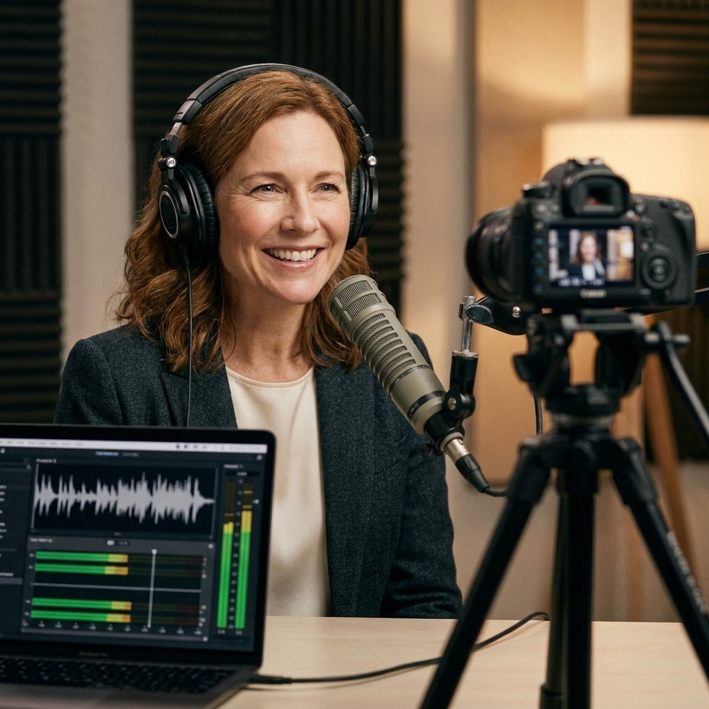 A podcast host wearing headphones speaking into a broadcast microphone while a camera records, with a laptop open on a desk showing audio levels