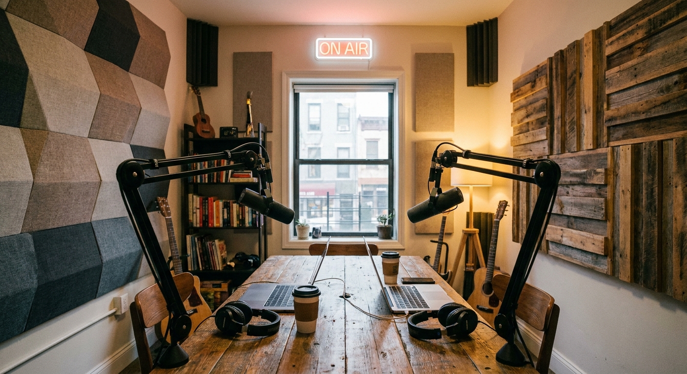 A podcast recording room with two microphones facing each other across a small table, with acoustic panels on the walls