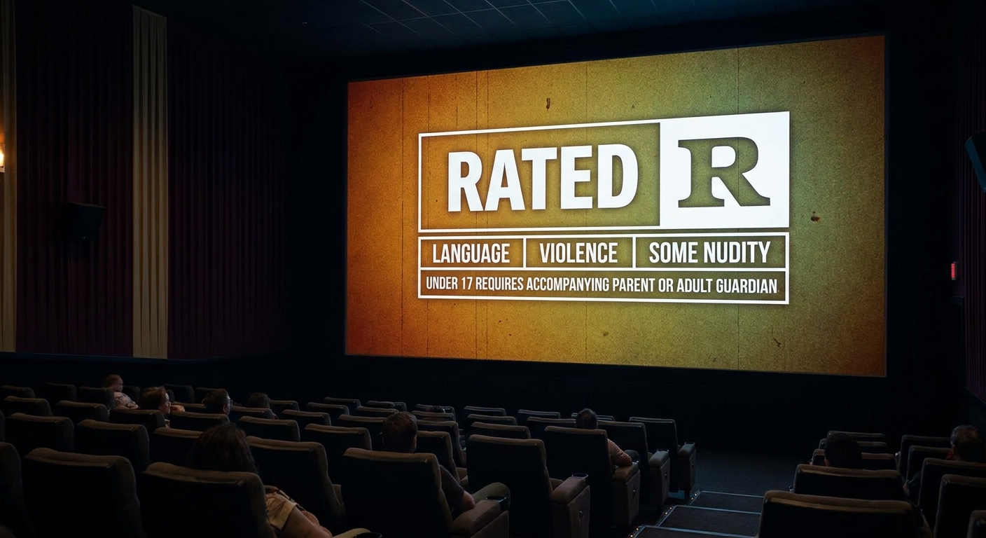 A pre-movie rating card on a theater screen includes content descriptors such as language and violence