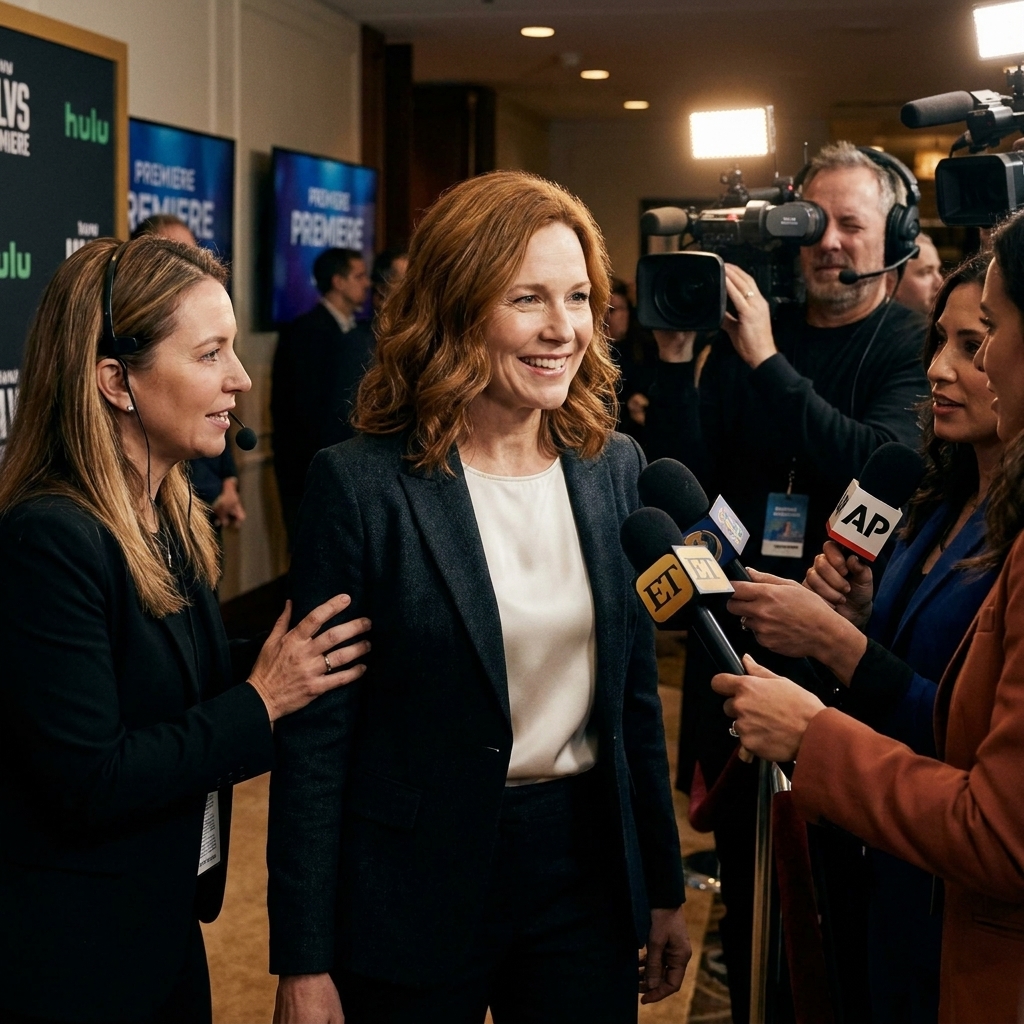A press line at a television premiere with multiple outlets holding microphones, camera operators wearing headsets, and a publicist guiding an actor toward the next interview position