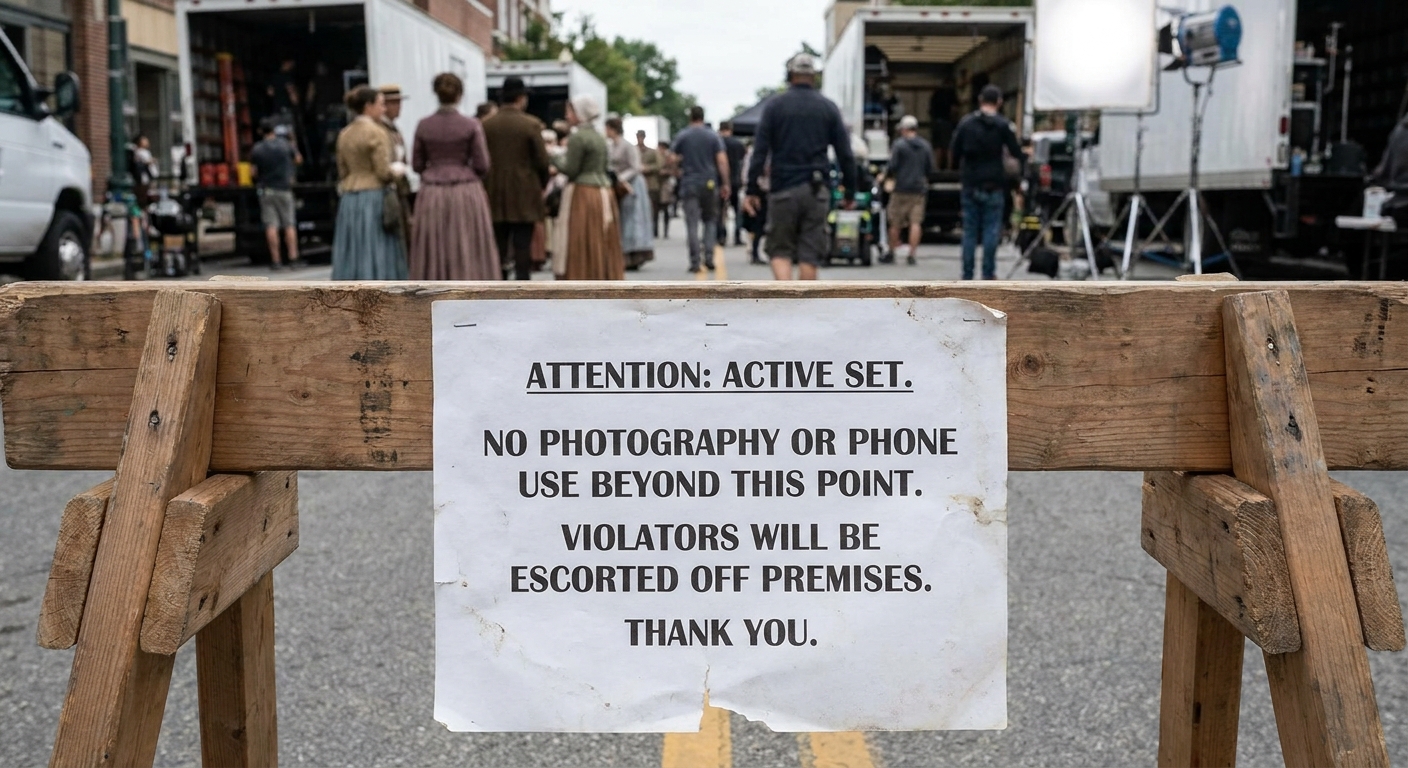 A printed notice posted near a film set entrance reminding visitors and background performers that photography and phone use are restricted