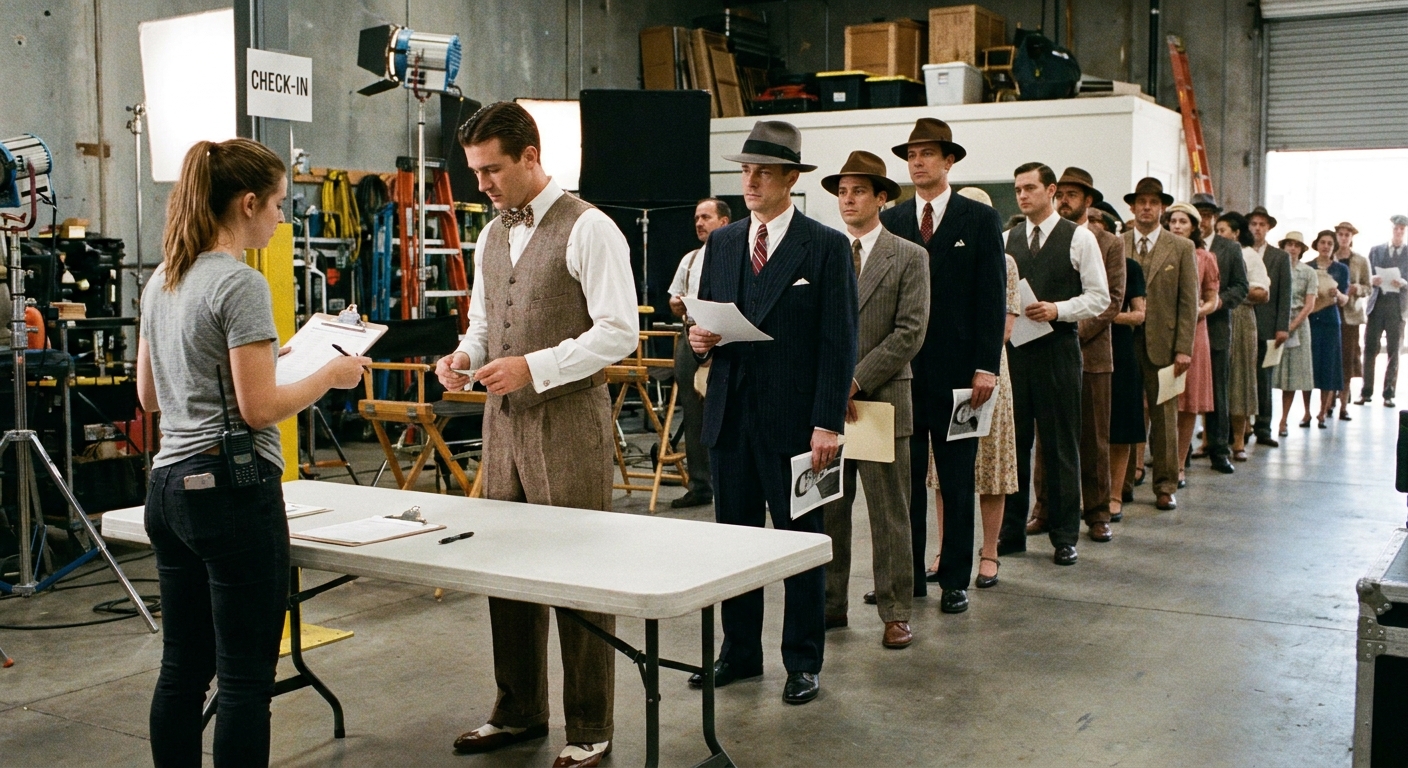 A production assistant at a folding table checking IDs and paperwork while background actors wait in an orderly line