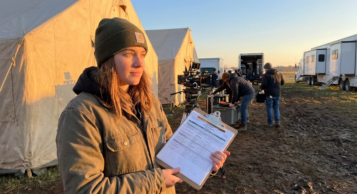 A production assistant holding printed call sheets on a clipboard near a base camp tent at sunrise