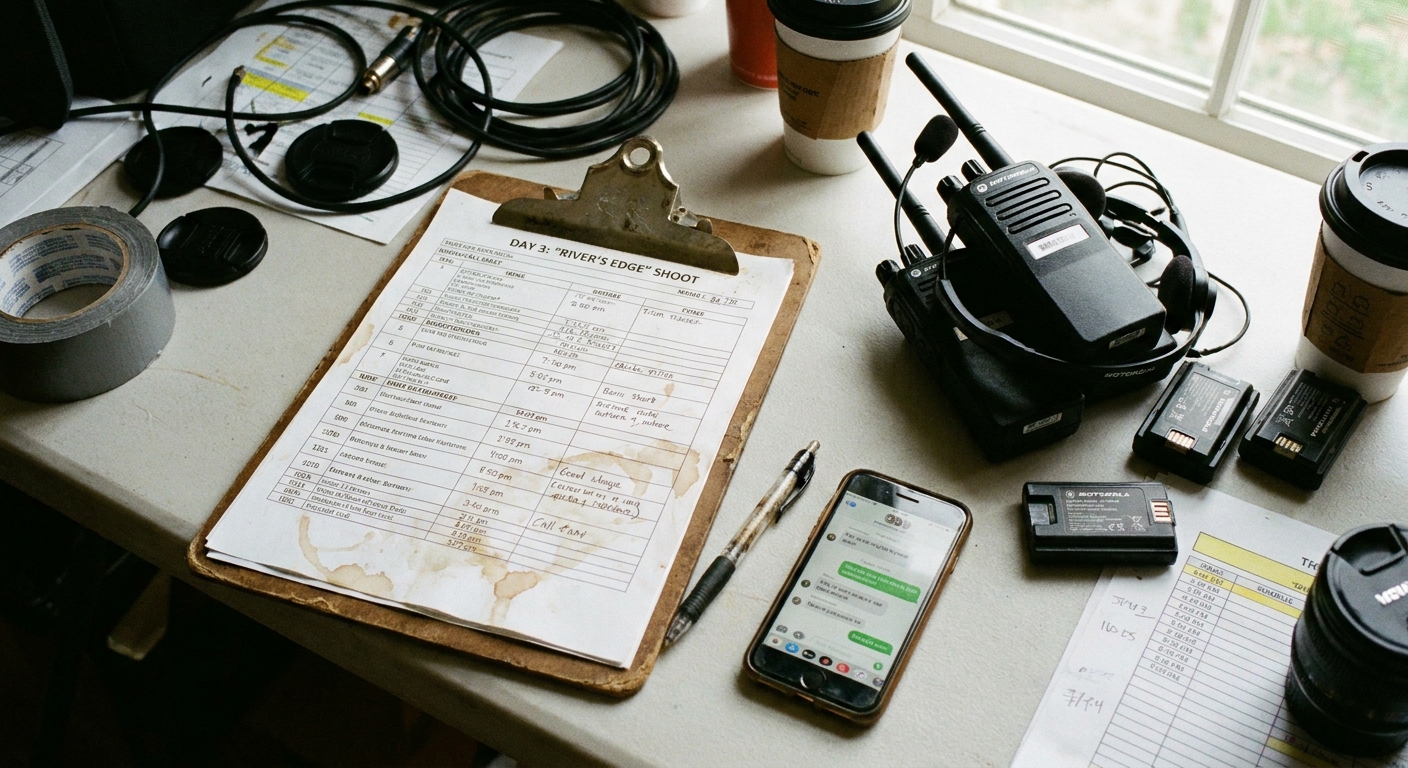 A production call sheet lying on a clipboard next to a pen and a smartphone on a cluttered table, with crew walkie-talkies nearby