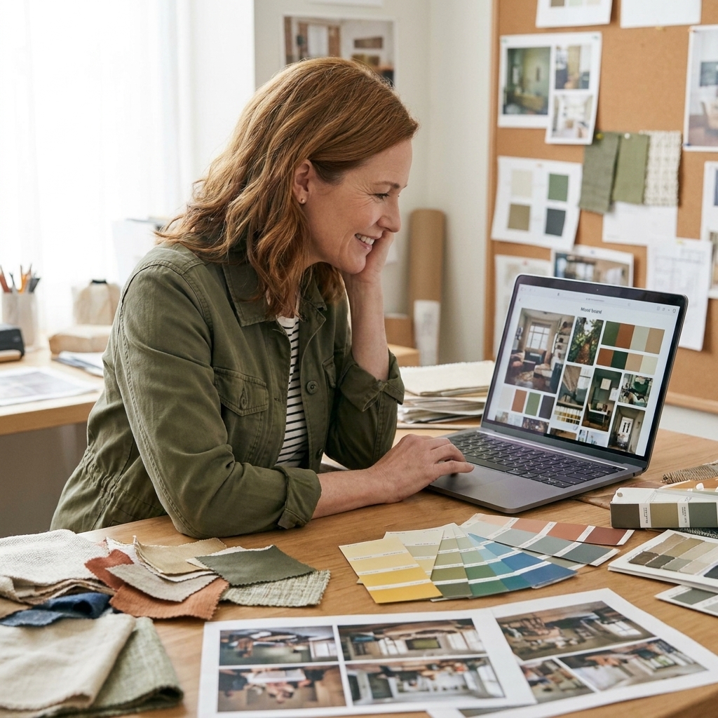 A production design workspace with fabric swatches, printed reference photos, paint chips, and a laptop open to a digital mood board