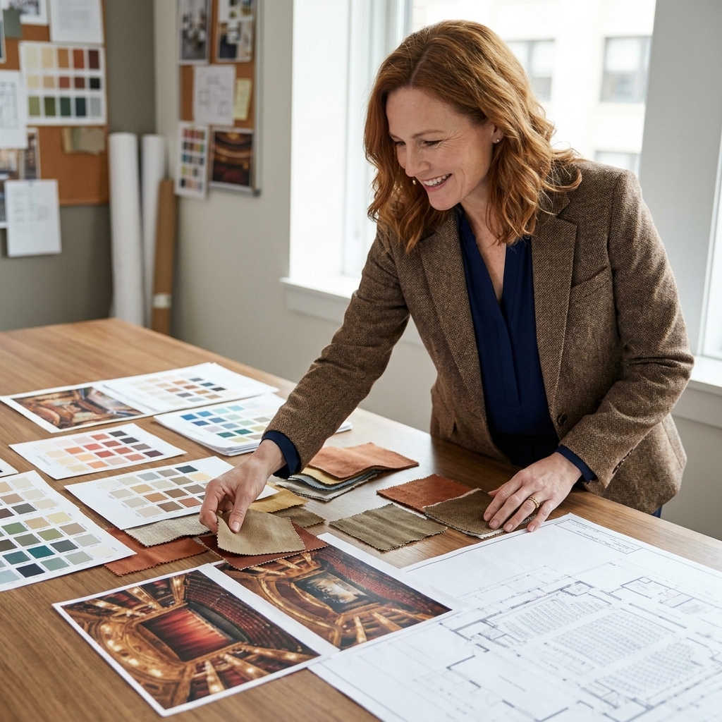 A production designer’s workstation with printed color swatches, fabric samples, venue photos, and scaled drawings spread across a large table