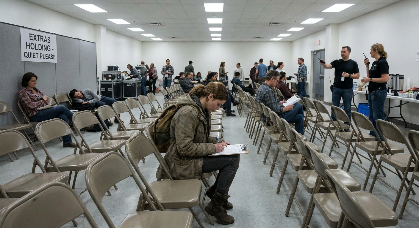 A production holding area with folding chairs where a background actor fills out paperwork on a clipboard
