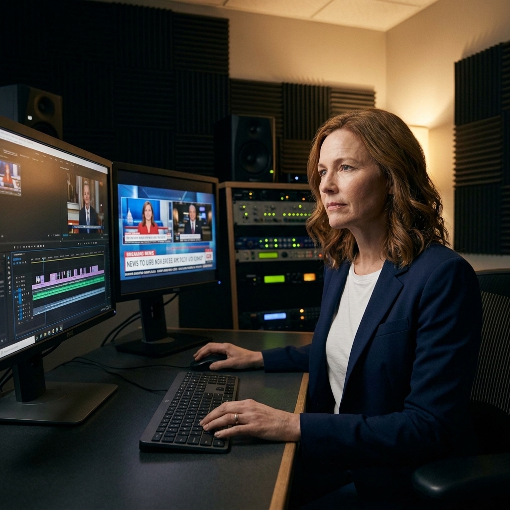 A professional TV editing suite with an editor at a desk facing dual monitors showing a timeline and video playback, with dim studio lighting