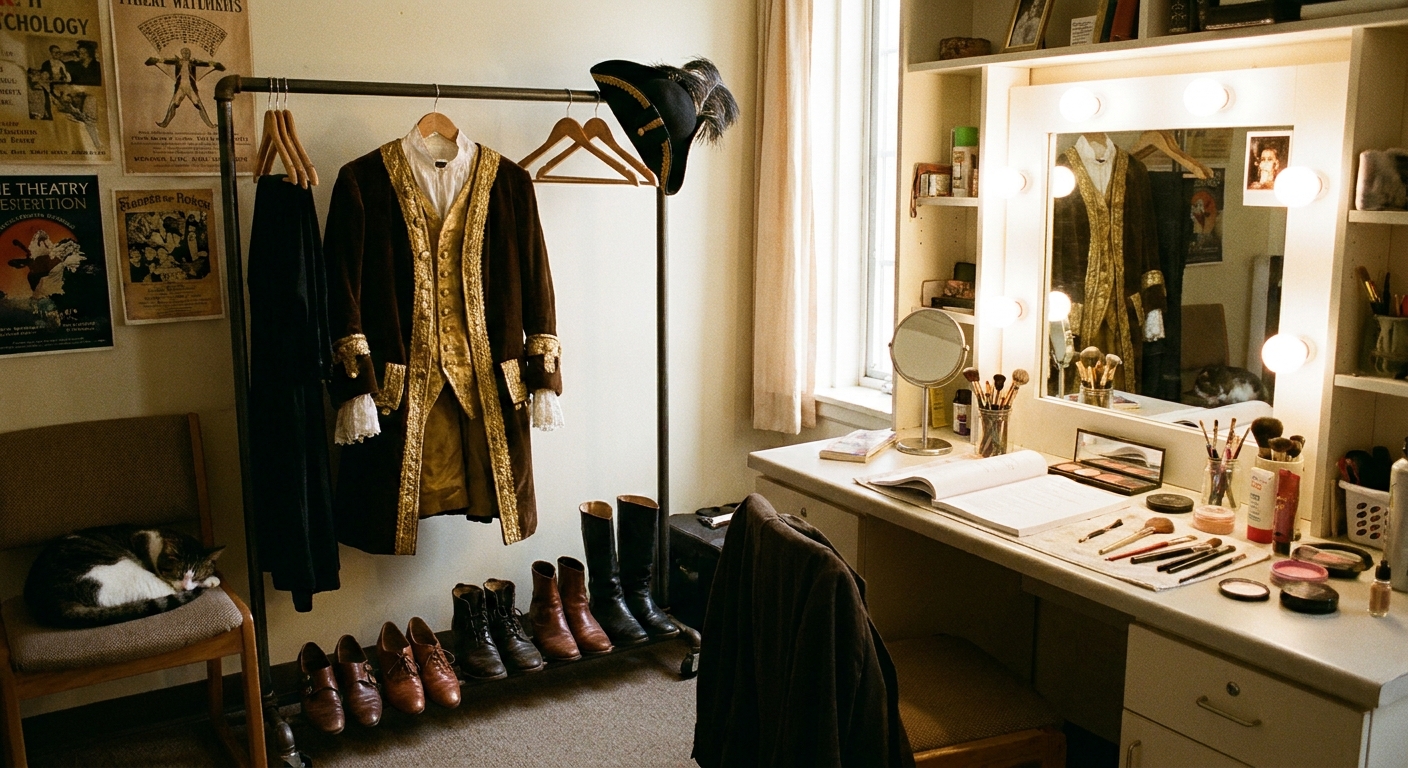 A quiet theater dressing room with a wardrobe rack holding a principal costume, shoes neatly placed below, and a lit mirror with makeup tools laid out.