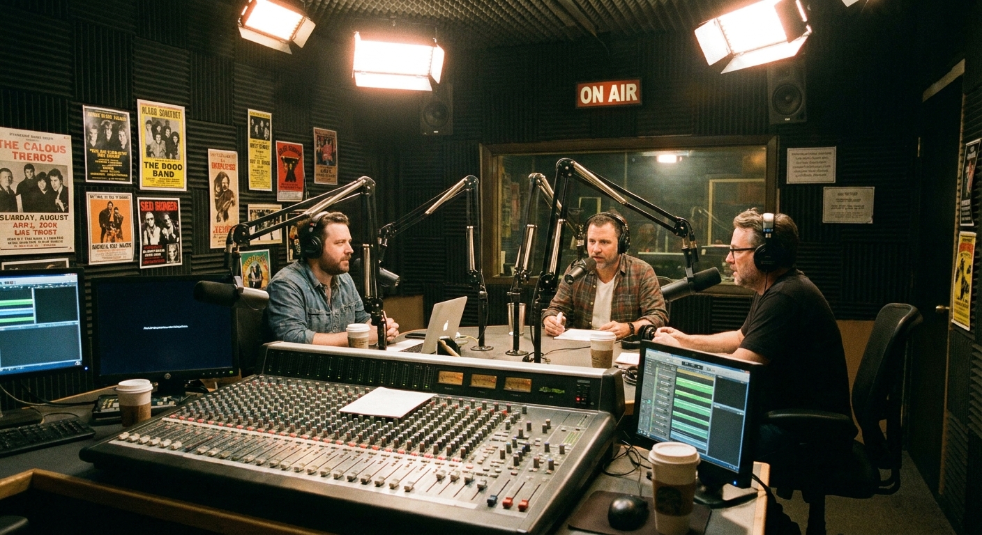 A radio production studio with microphones, headphones, and a mixing console lit by soft studio lights