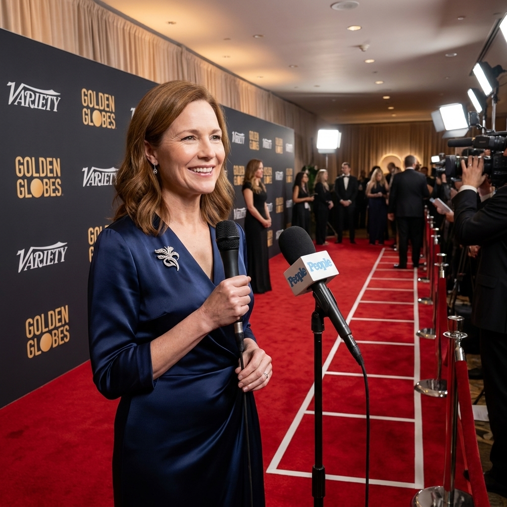 A red carpet interview area with branded backdrop, soft key lights, microphone stands, and a marked pathway guiding guests toward camera positions