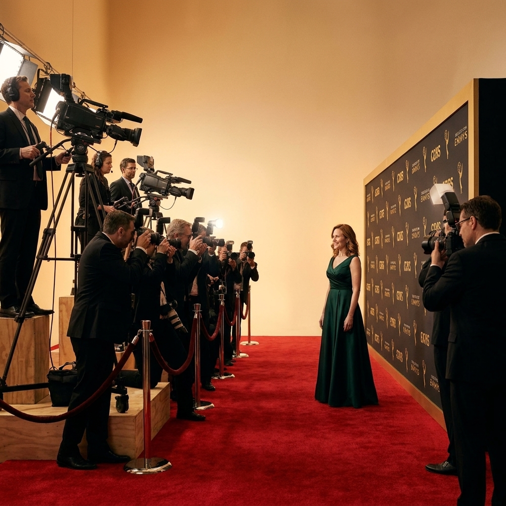 A red carpet venue showing camera risers with broadcast cameras, photographers behind barricades, and a step-and-repeat wall aligned for clean sightlines