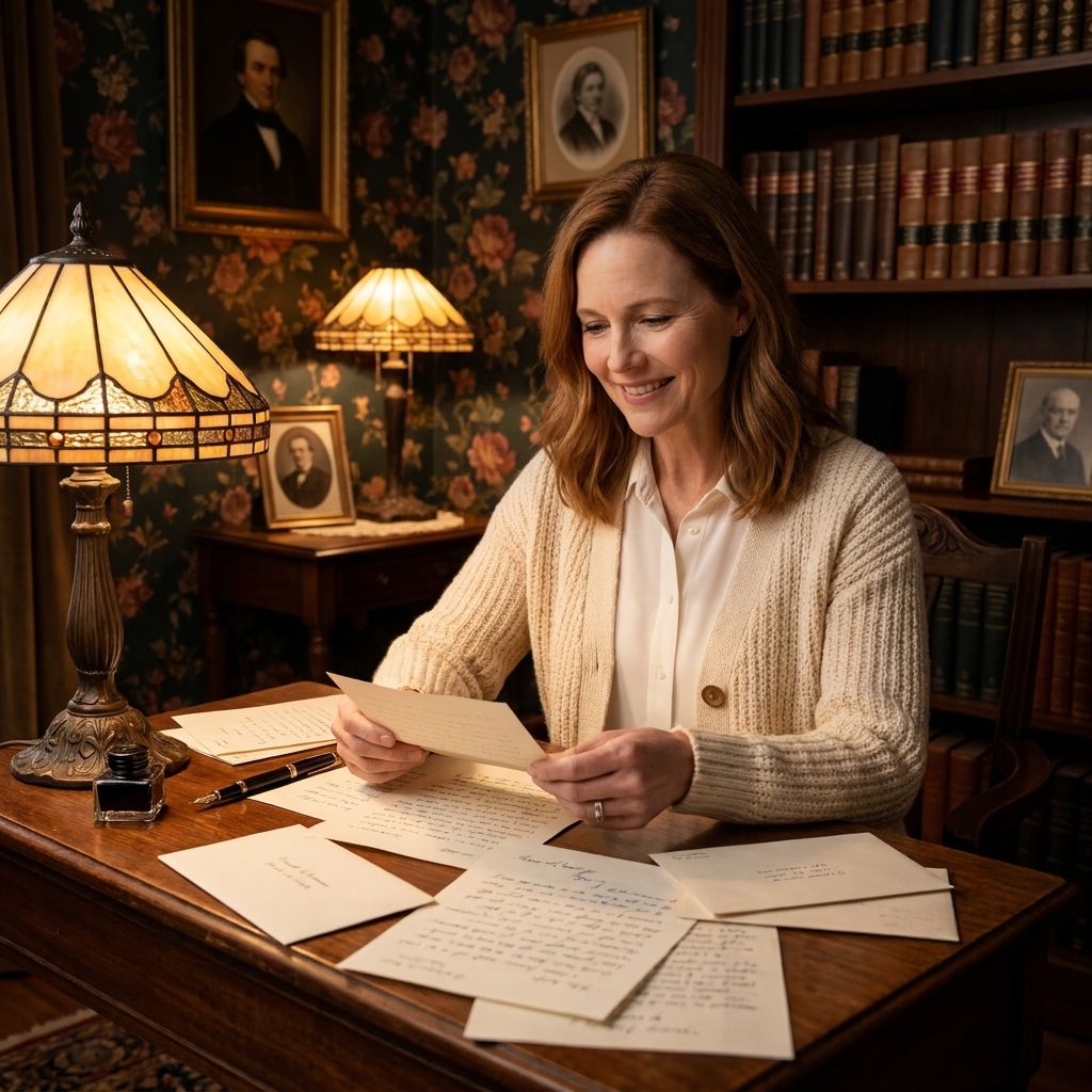 A richly detailed room with vintage wallpaper, low lamplight, and handwritten letters scattered across a desk