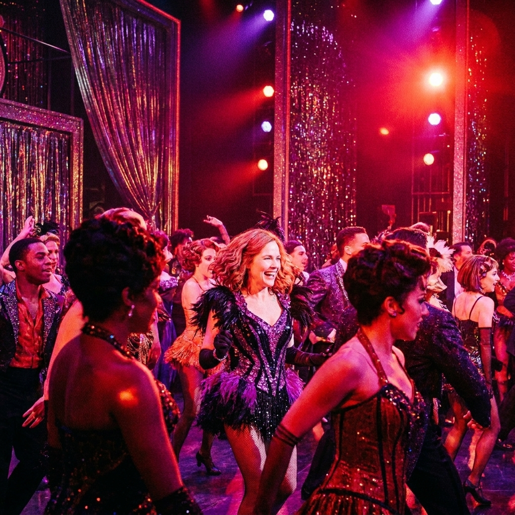 A richly saturated stage scene with intense red and purple lighting, glittering scenic elements, and a crowd of performers on a Broadway musical set
