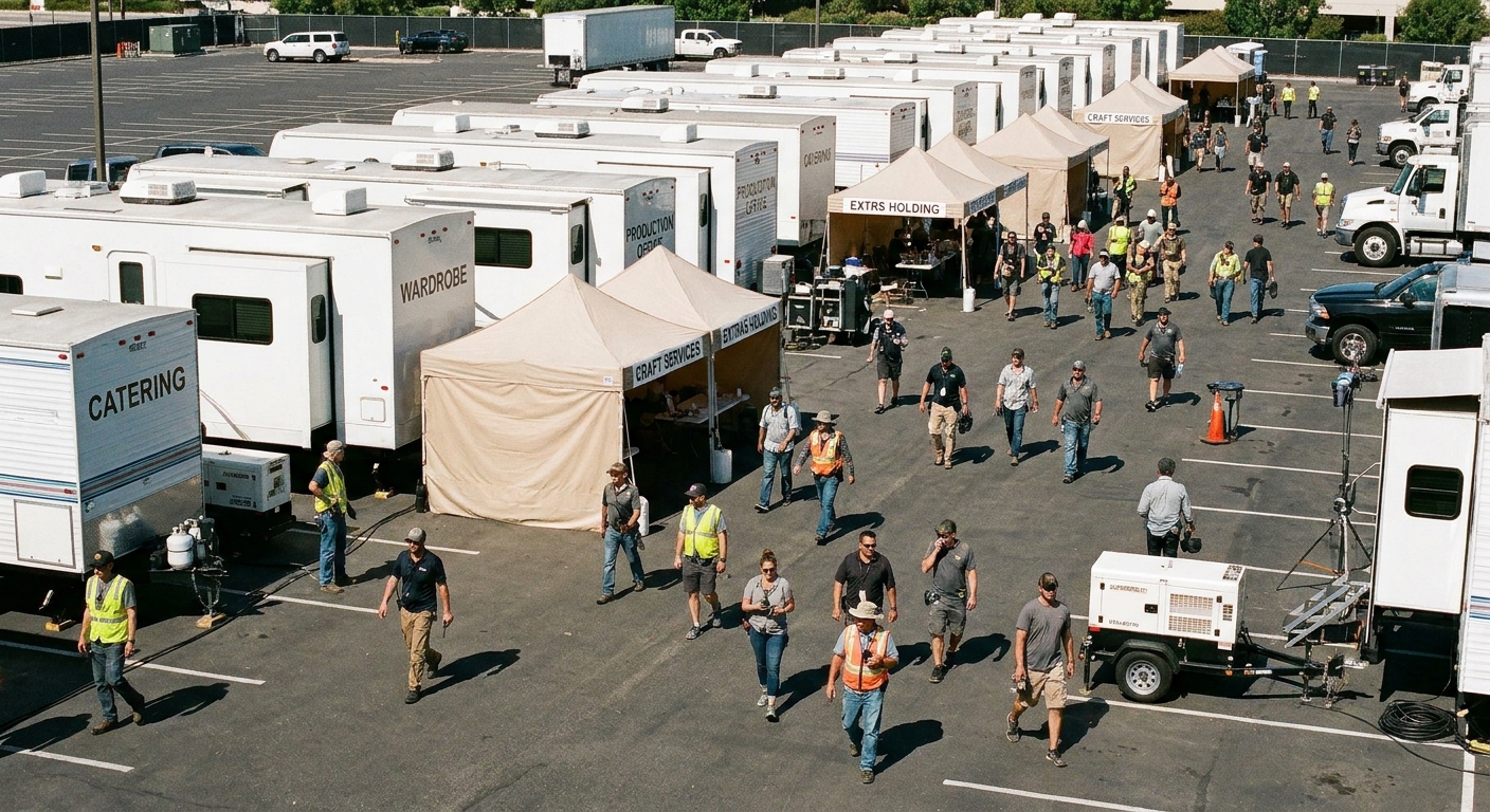 A row of production trailers and pop-up tents at a film base camp in a parking lot with crew members walking between them in daylight