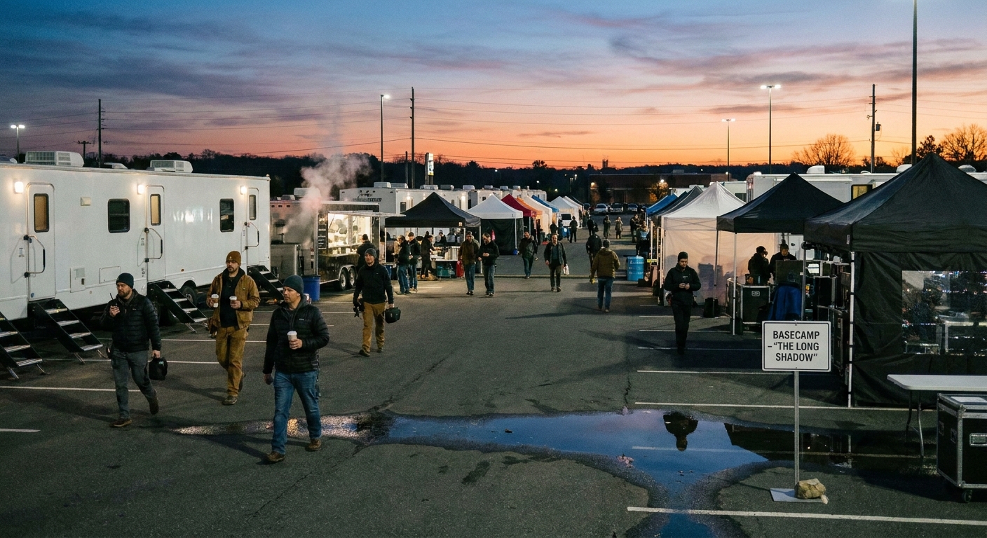 A row of production trailers and pop-up tents set up in a parking lot as basecamp early in the morning, with crew walking between them