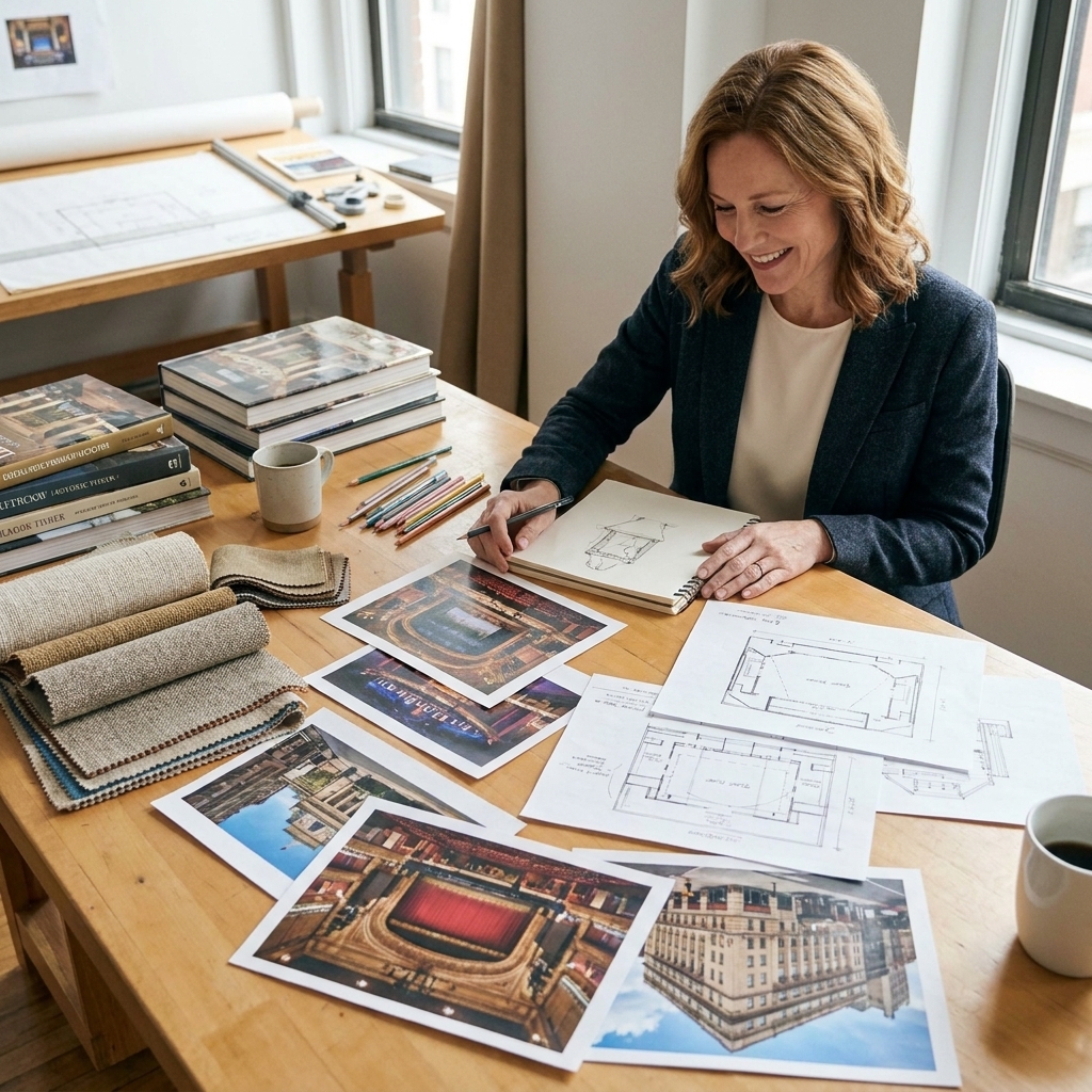 A scenic design studio table covered with reference books, fabric swatches, printed architecture photos, and hand sketches laid out for a Broadway production
