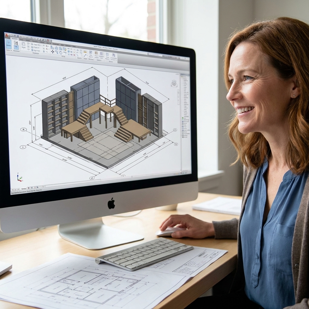 A scenic designer’s computer screen showing a detailed 3D model of a theatre set with platforms, staircases, and wall units arranged on a stage ground plan