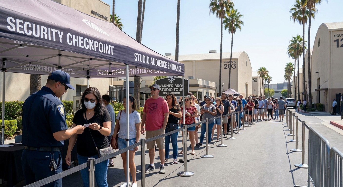 A security checkpoint at a Burbank studio lot entrance with audience members queued behind stanchions and a guard checking identification