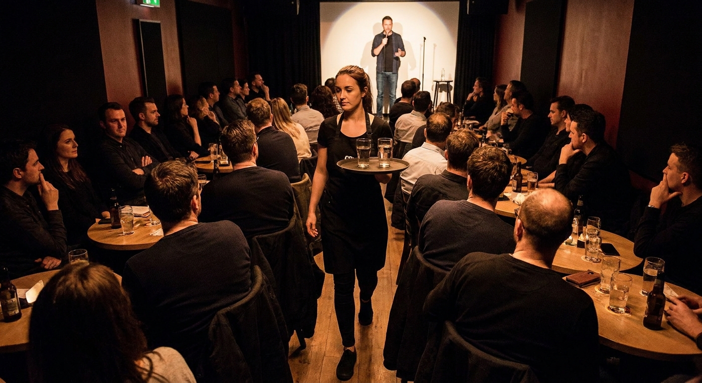 A server carrying a tray with two drinks walking between tightly packed tables inside a stand-up comedy club during a show