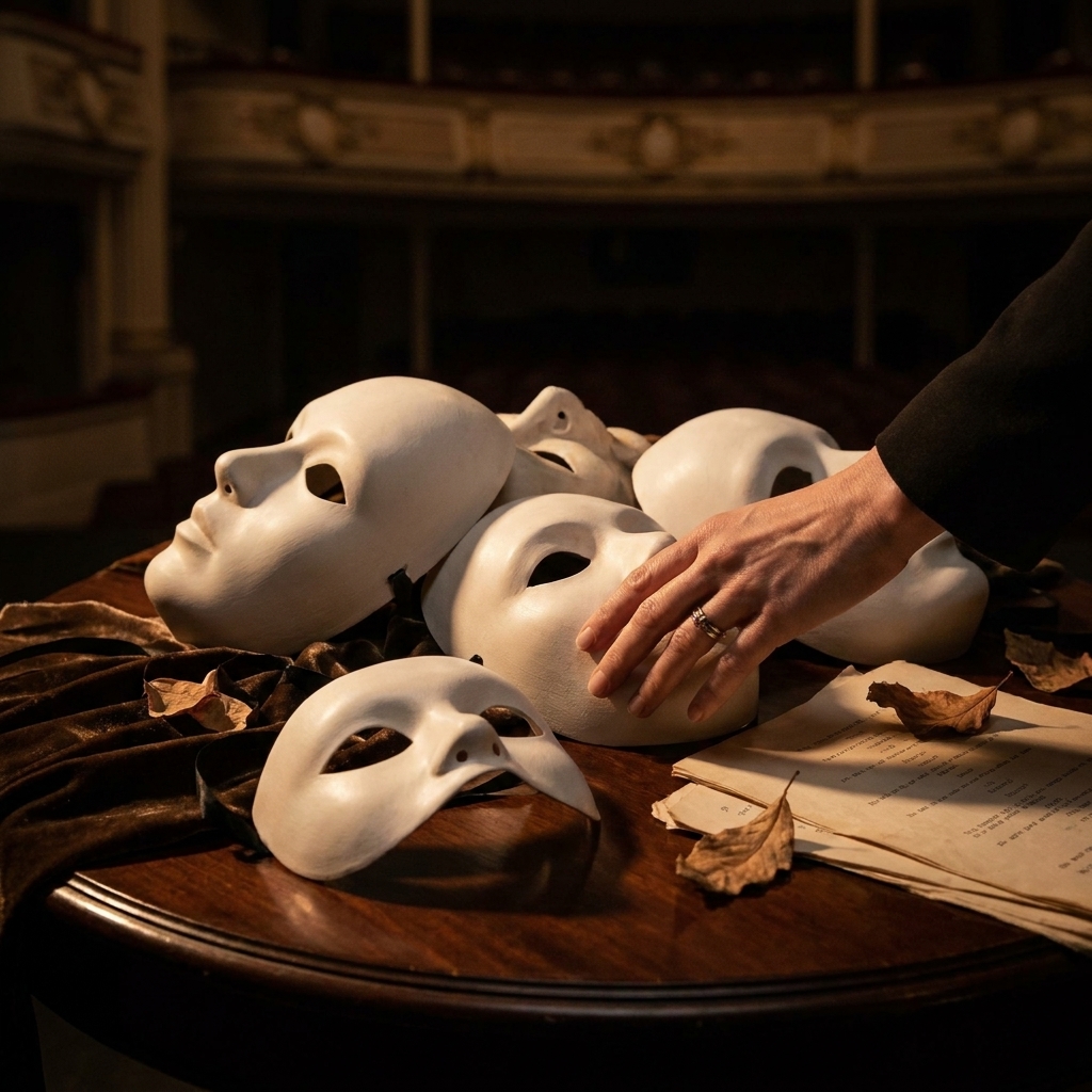 A set of white theatrical masks resting on a table under moody lighting, suggesting the ritual of entering an immersive theatre world