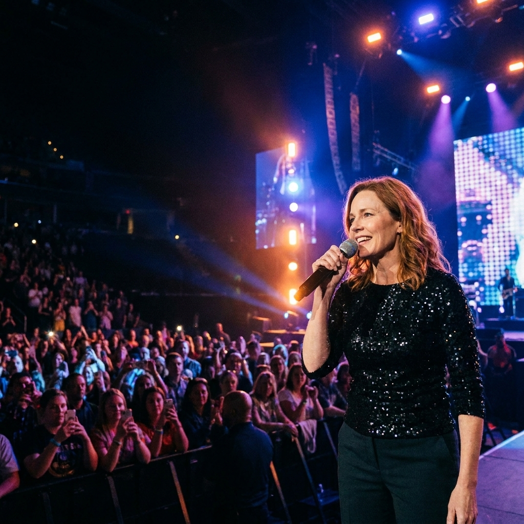 A singer in a modern concert staging of a musical holding a microphone on a large stage, with dramatic colored lighting and an audience visible in the dark