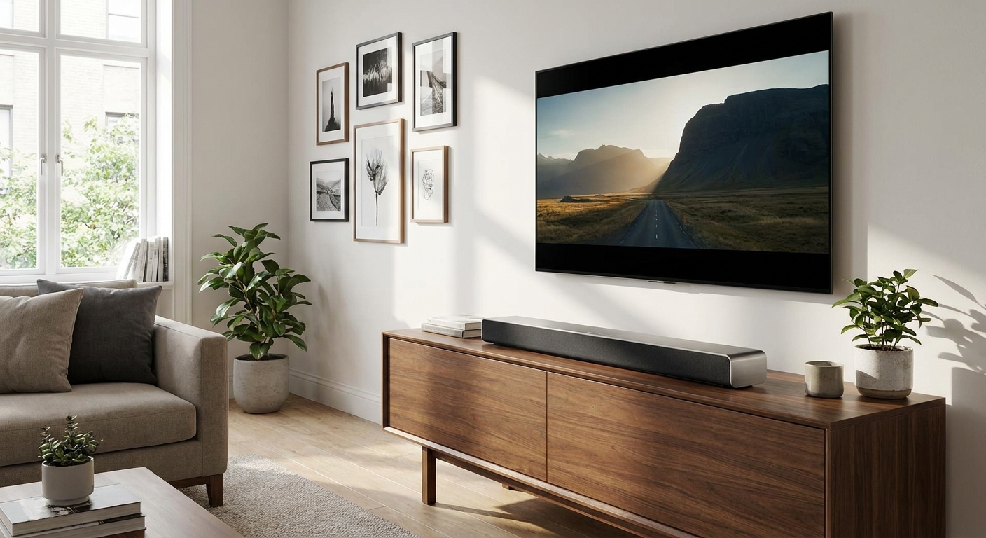 A sleek soundbar placed beneath a large television on a media console in a tidy living room