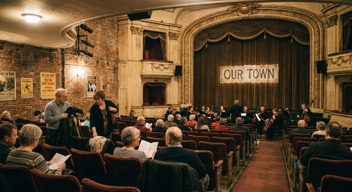 A small regional theater auditorium with audience members settling into seats before the lights go down