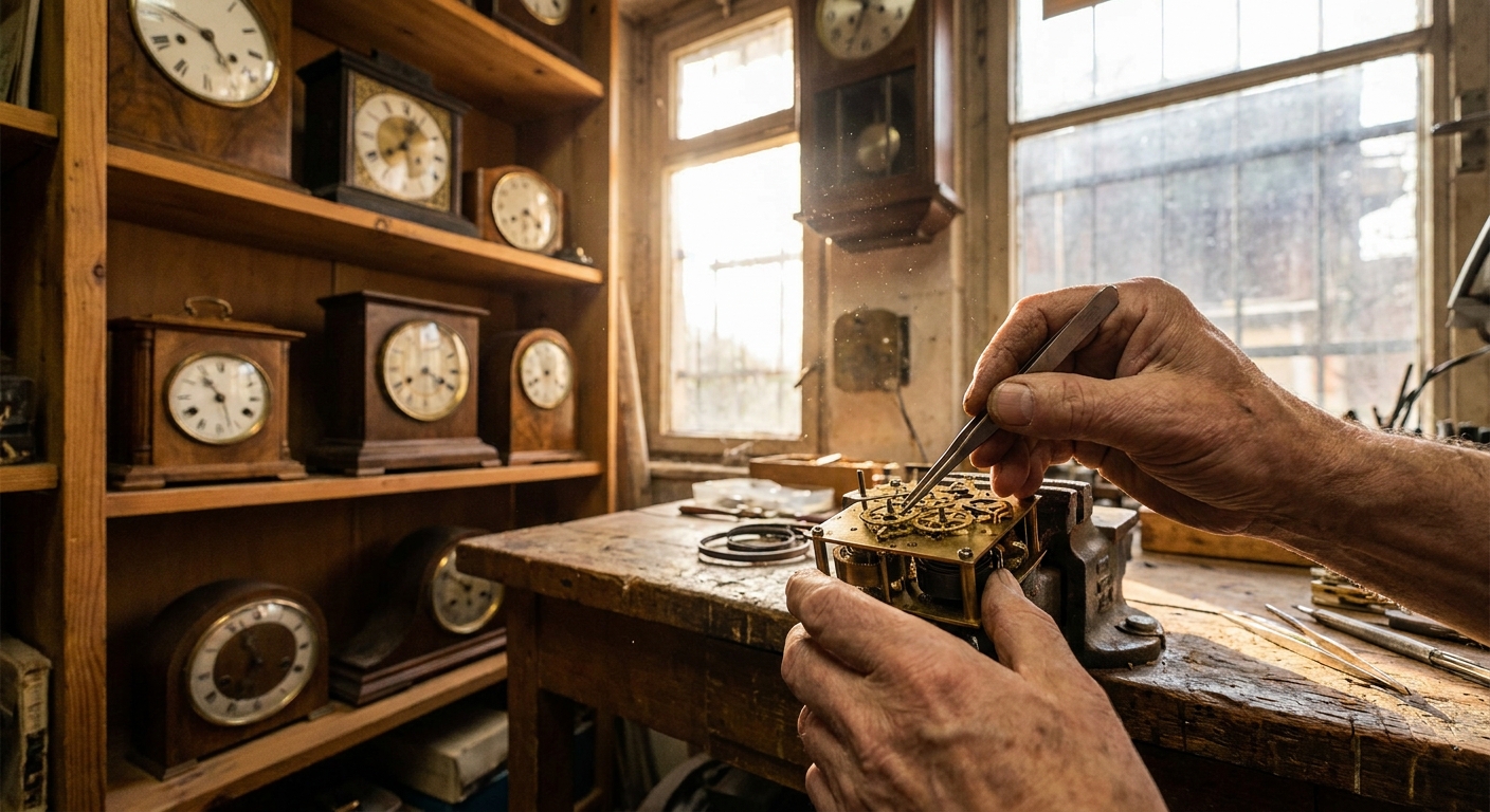 A small workshop with antique clocks on shelves and a person’s hands adjusting tiny clock gears at a wooden workbench