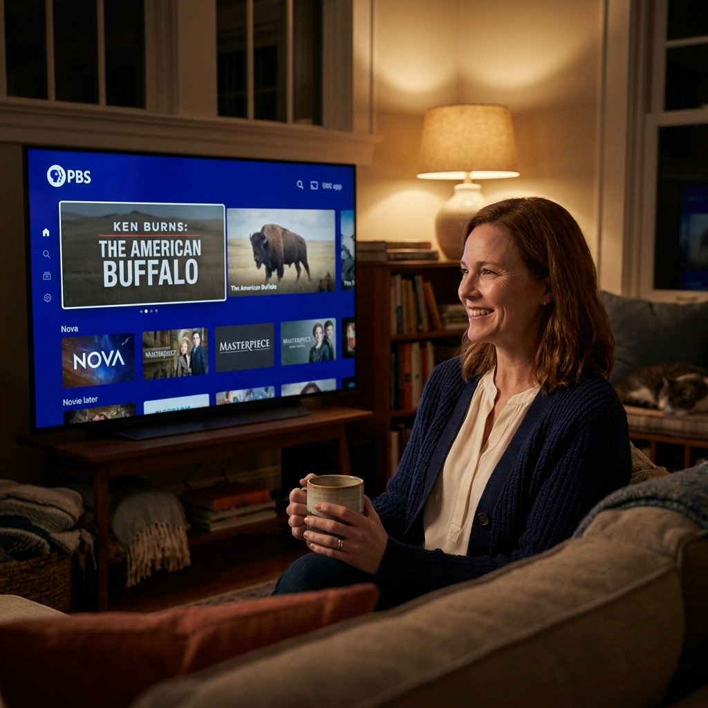 A smart TV displaying the PBS app with a featured documentary series tile in a cozy living room at night
