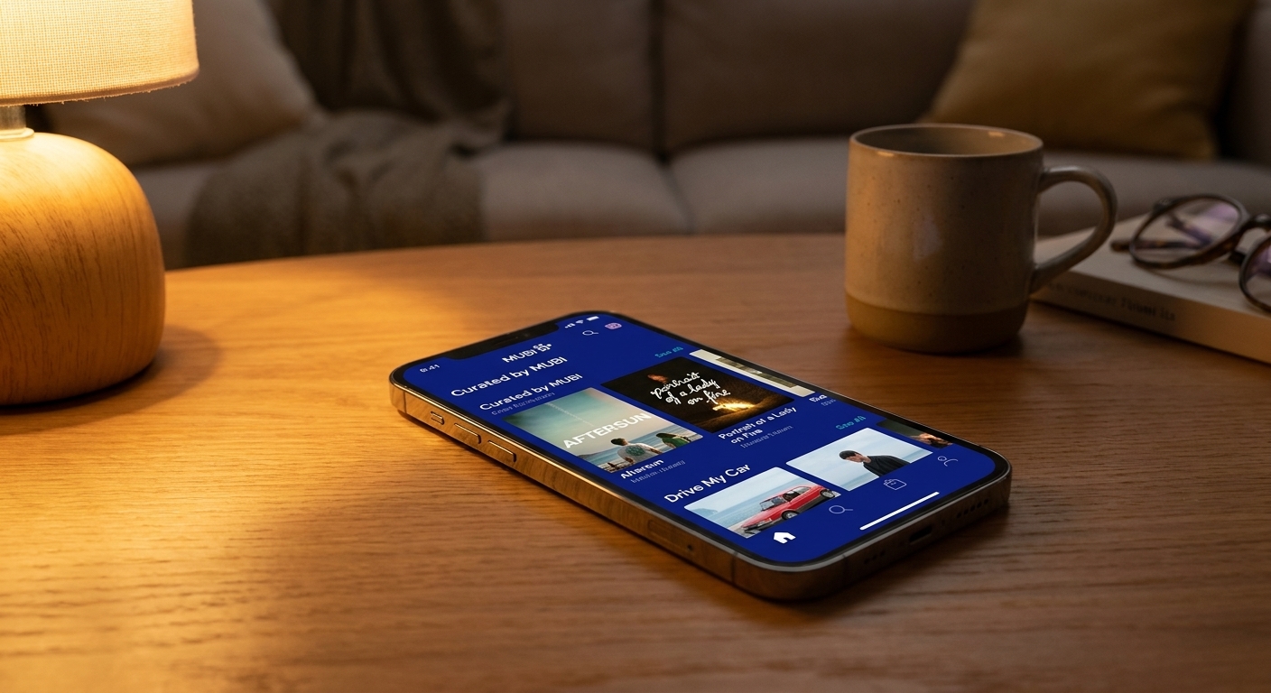 A smartphone on a coffee table showing the MUBI app home screen with a curated film selection in warm indoor lighting
