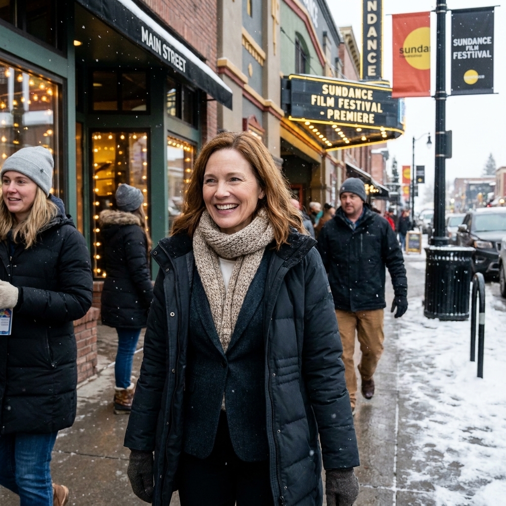 A snowy Main Street in Park City, Utah during Sundance, with bundled festivalgoers walking past theater marquees and glowing storefront lights