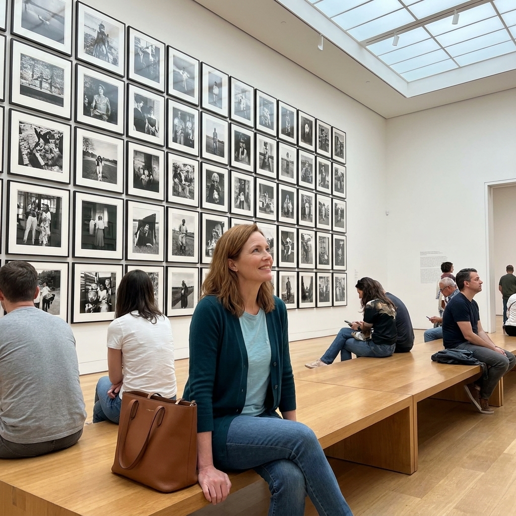 A spacious museum gallery with framed photographs hung in a clean grid, visitors seated on a bench studying the walls