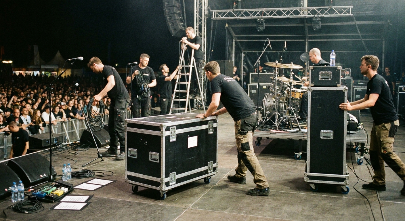 A stage crew adjusting microphones and moving equipment between sets on a concert stage