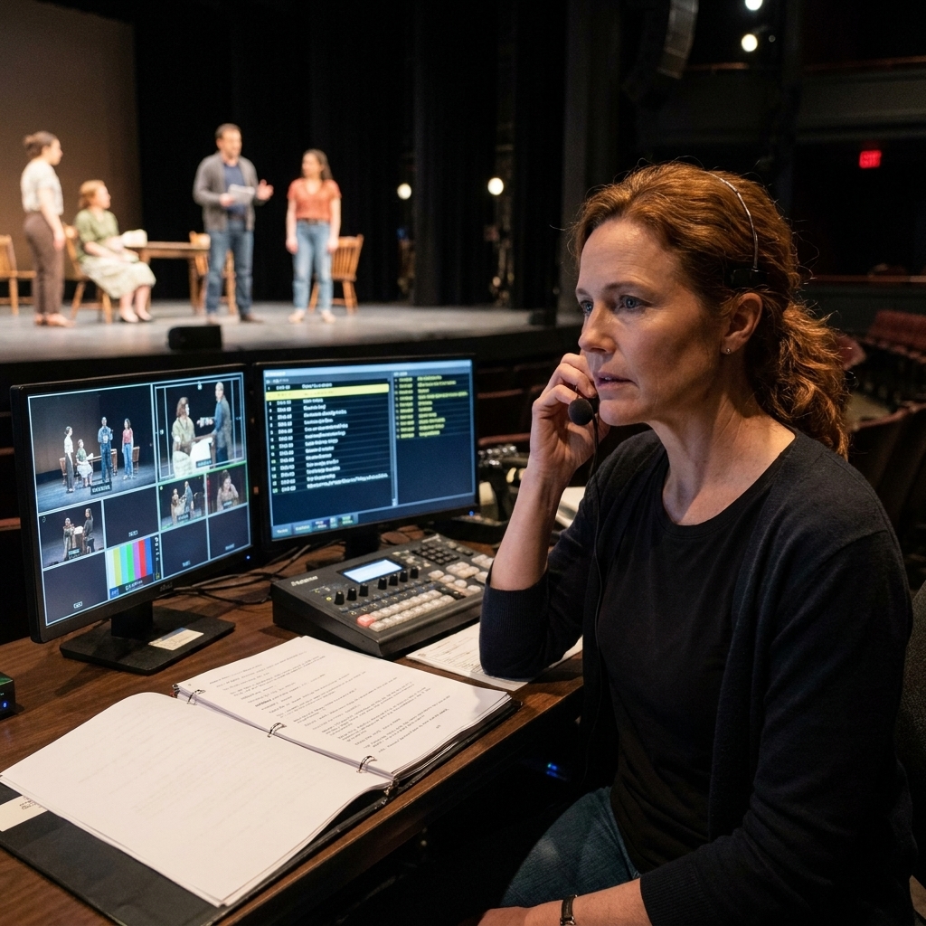 A stage manager at a tech table in a dark theatre looking toward the stage while holding a headset, with scripts and monitors nearby