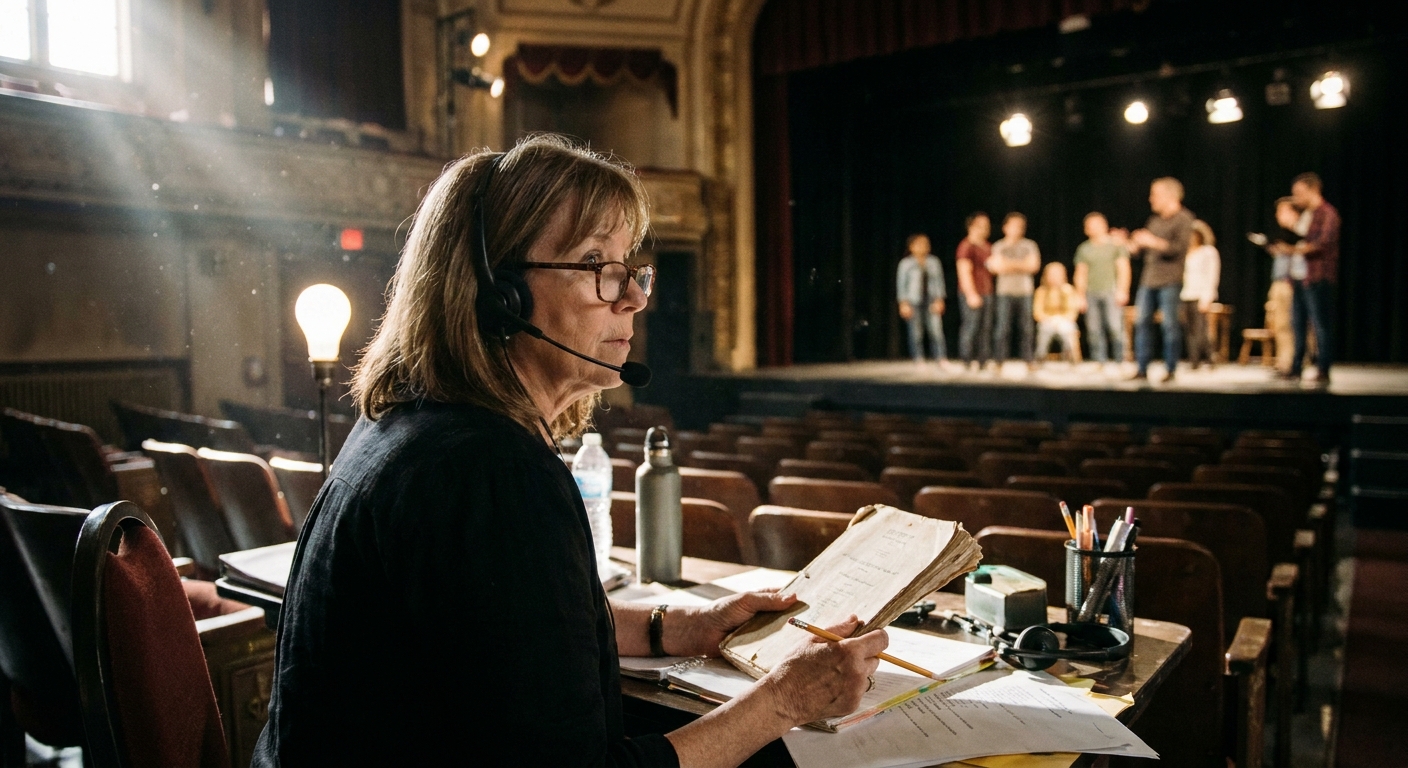 A stage manager sits at a table in an empty theater holding a prompt book and pencil while actors rehearse onstage in the background