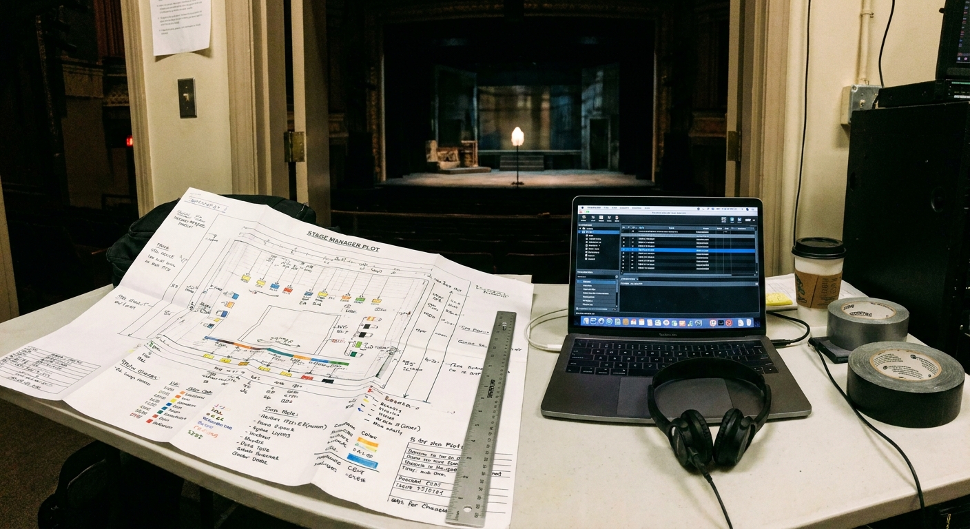 A stage manager's table with a printed theatrical lighting plot and a ruler beside a laptop, with a dimly lit stage visible in the background