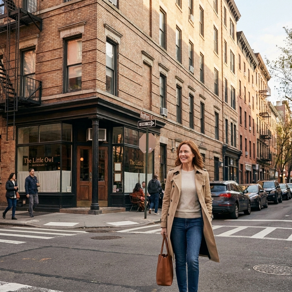 A street-level photograph of the corner building at Bedford Street and Grove Street in Greenwich Village, New York City, with classic brick facade and ground-floor storefronts