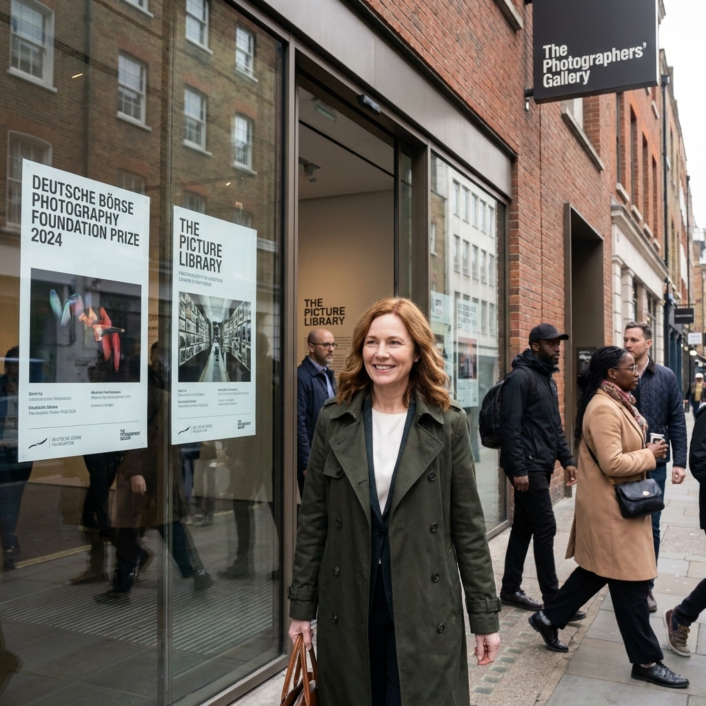 A street-level view of The Photographers' Gallery entrance in London, with visitors walking in and posters visible through the glass