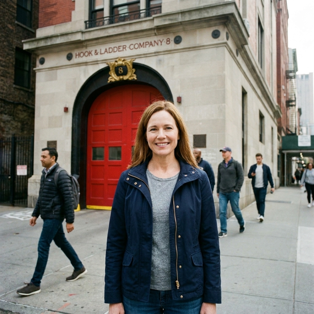 A street photograph of the Hook and Ladder 8 firehouse facade in Tribeca with red doors and the building signage visible