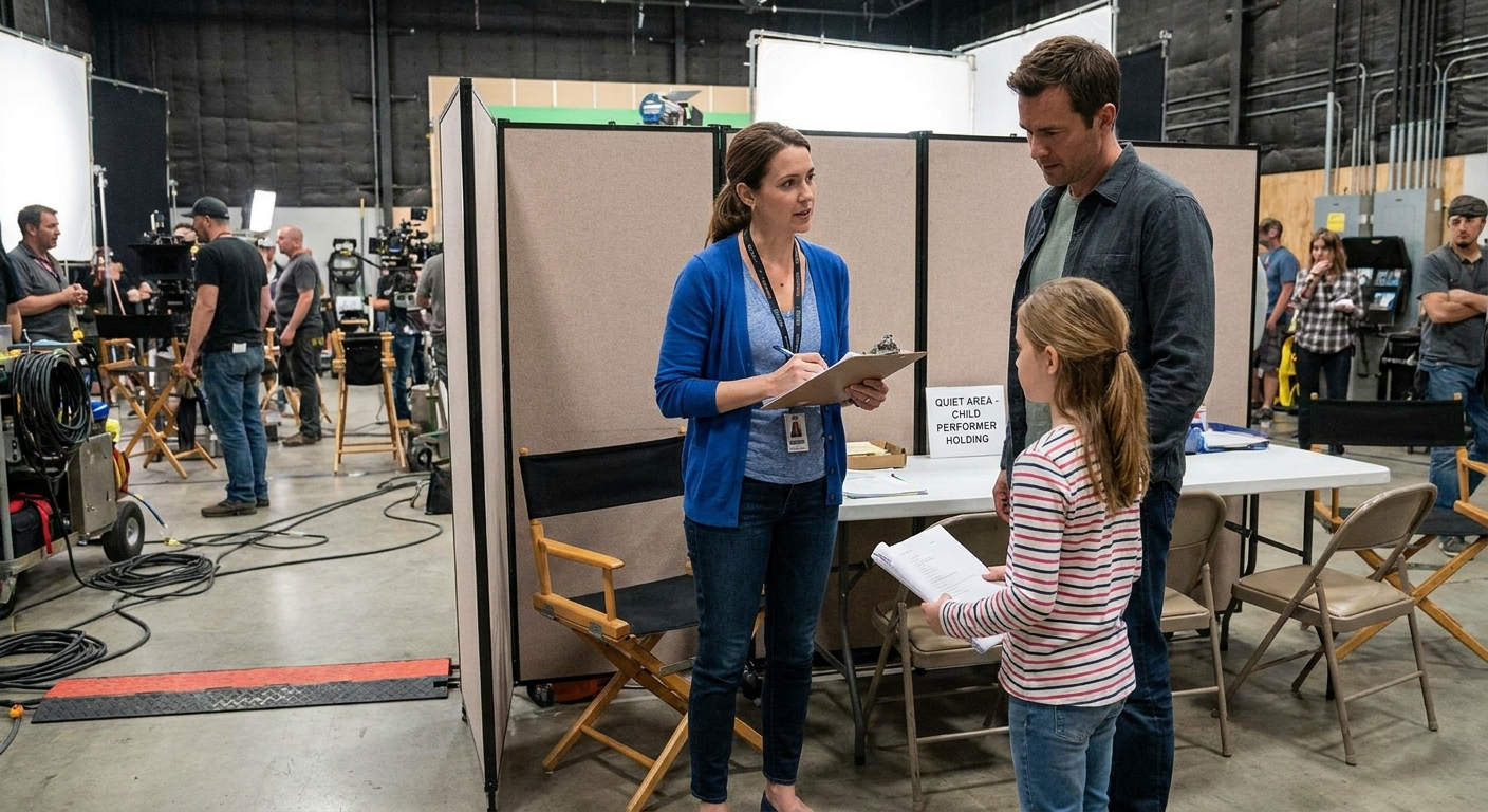 A studio teacher or child welfare worker holding a clipboard while speaking with a parent and a child performer near a quiet holding area on a film set