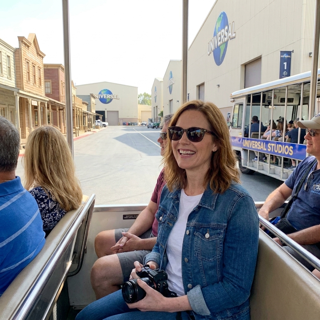 A studio tour tram traveling through the Universal backlot with soundstages and set facades visible in the distance