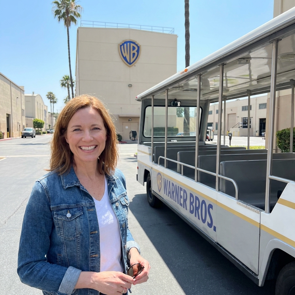 A sunny view of the Warner Bros. studio lot in Burbank with a tour tram parked near soundstages