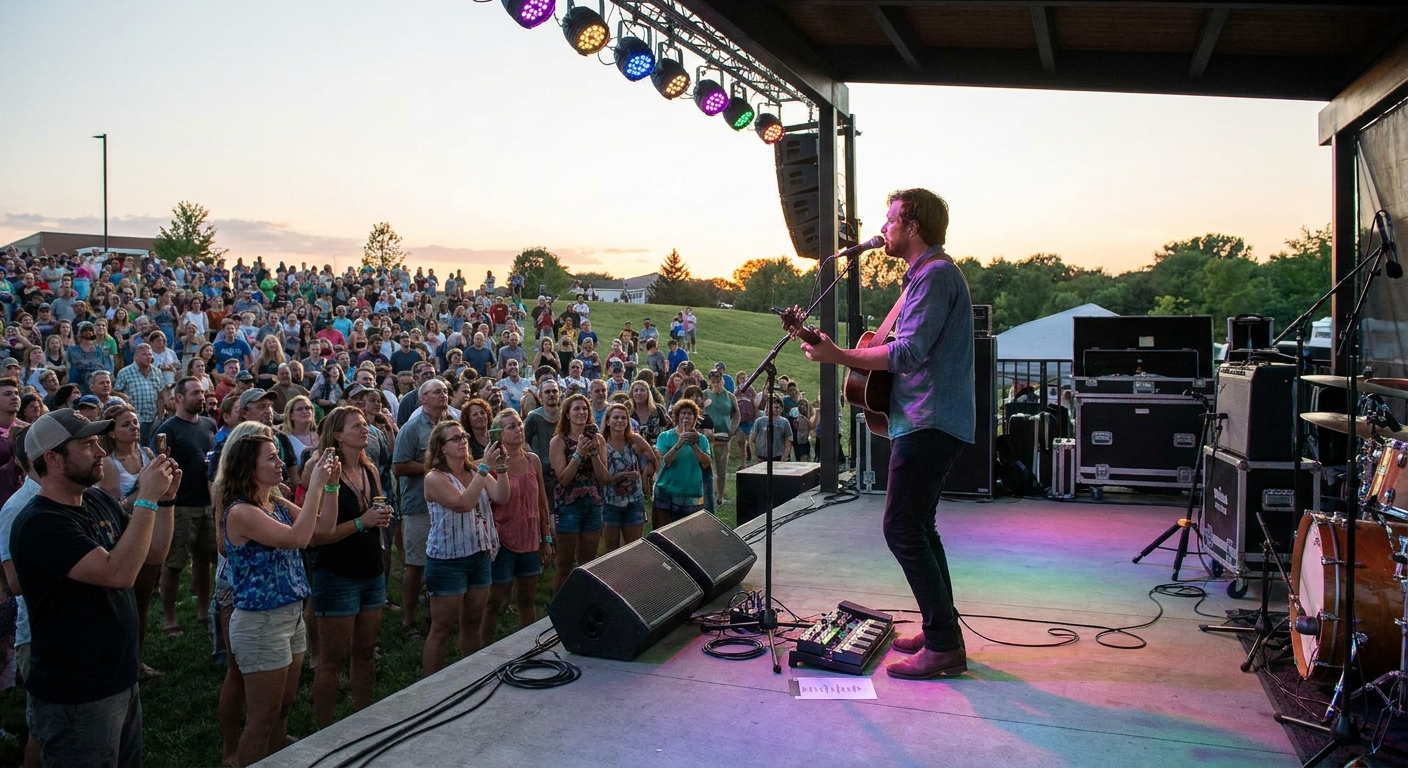 A support artist performing on a concert stage in front of a growing crowd, with stage lights and instruments visible