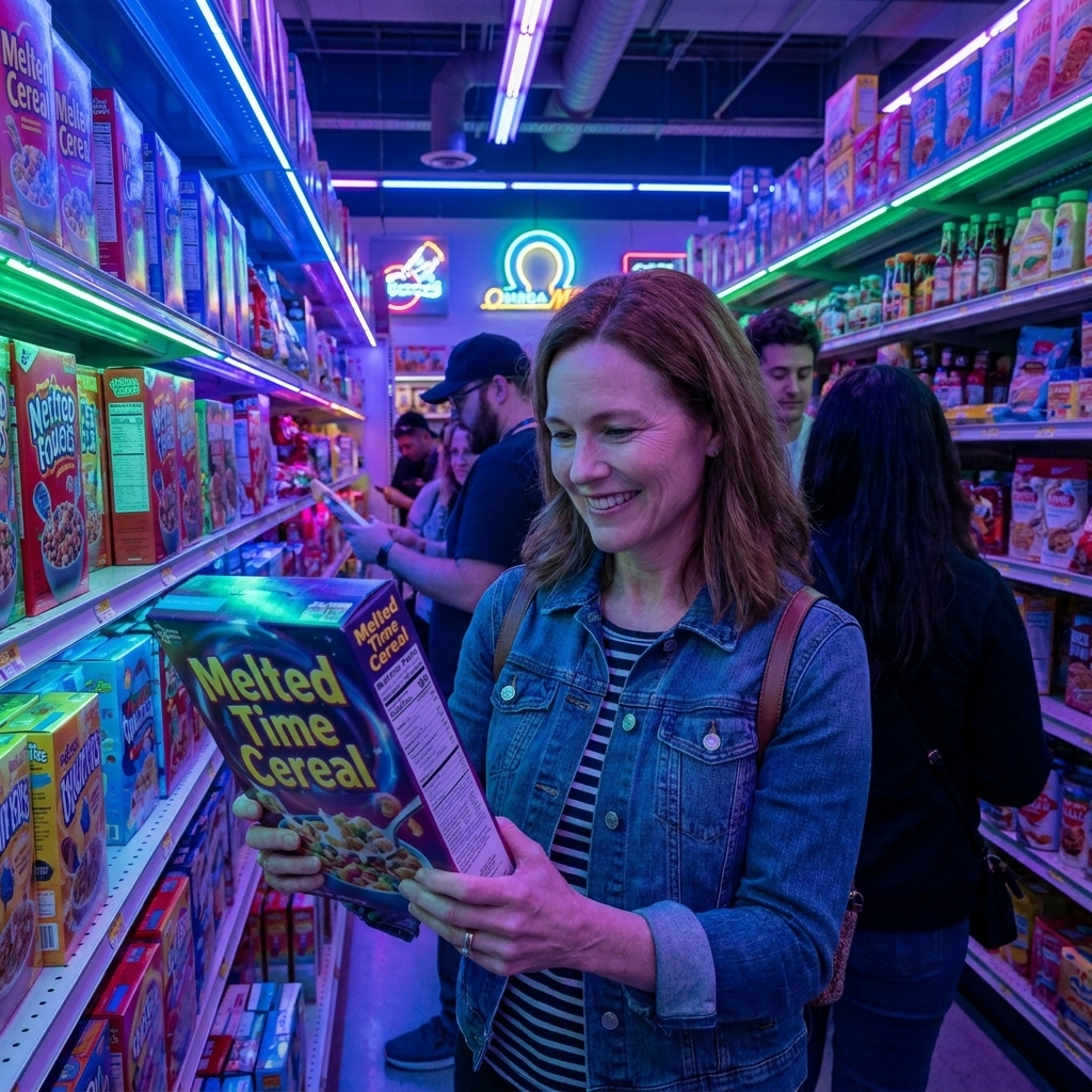 A surreal supermarket aisle at Omega Mart in Las Vegas with wildly colorful product packaging and glowing lights, as visitors browse