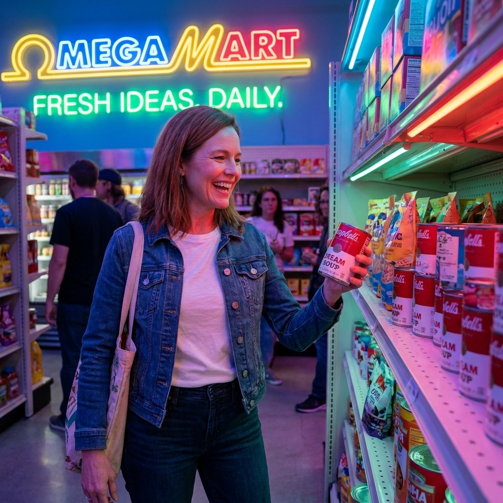 A surreal supermarket environment inside Meow Wolf’s Omega Mart in Las Vegas with neon signage and visitors exploring aisles