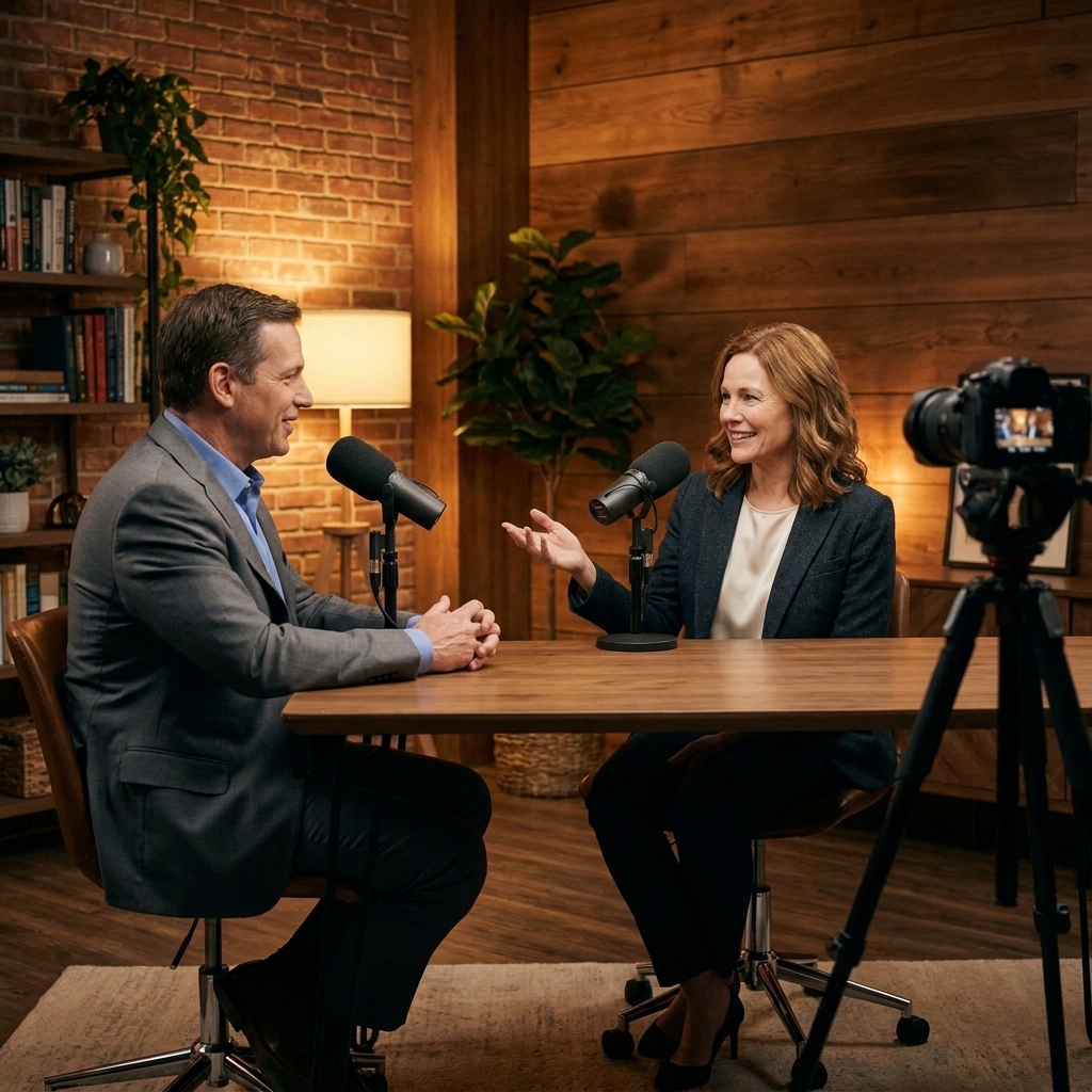 A talk-show style podcast interview in a studio with warm lighting, two guests facing each other, and a third camera positioned for a wide shot