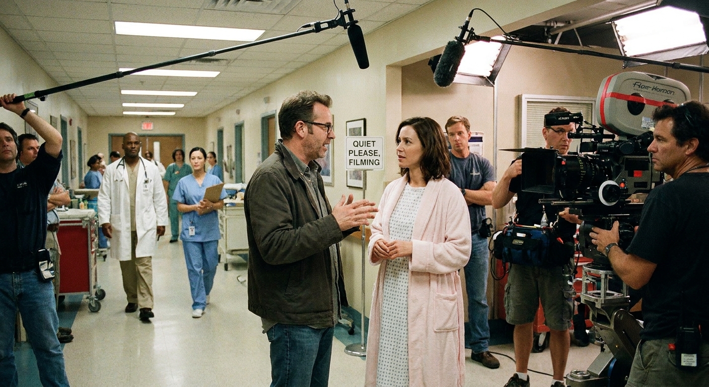 A television director speaking with a featured actor in wardrobe on a set dressed like a hospital corridor, with crew and camera equipment in the background