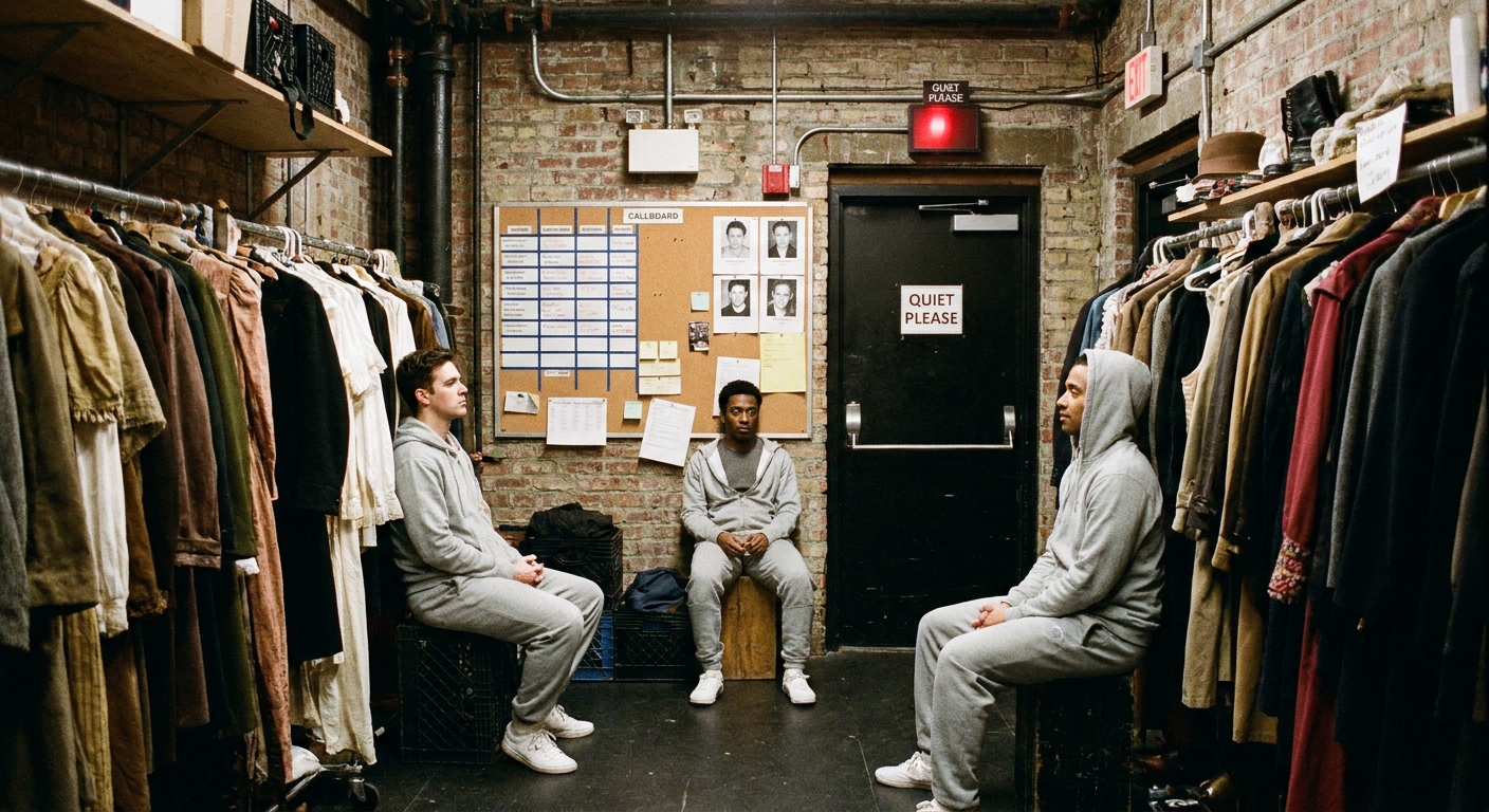 A theater backstage corridor with costume racks, a callboard, and a few performers in rehearsal clothes waiting quietly near the stage door.