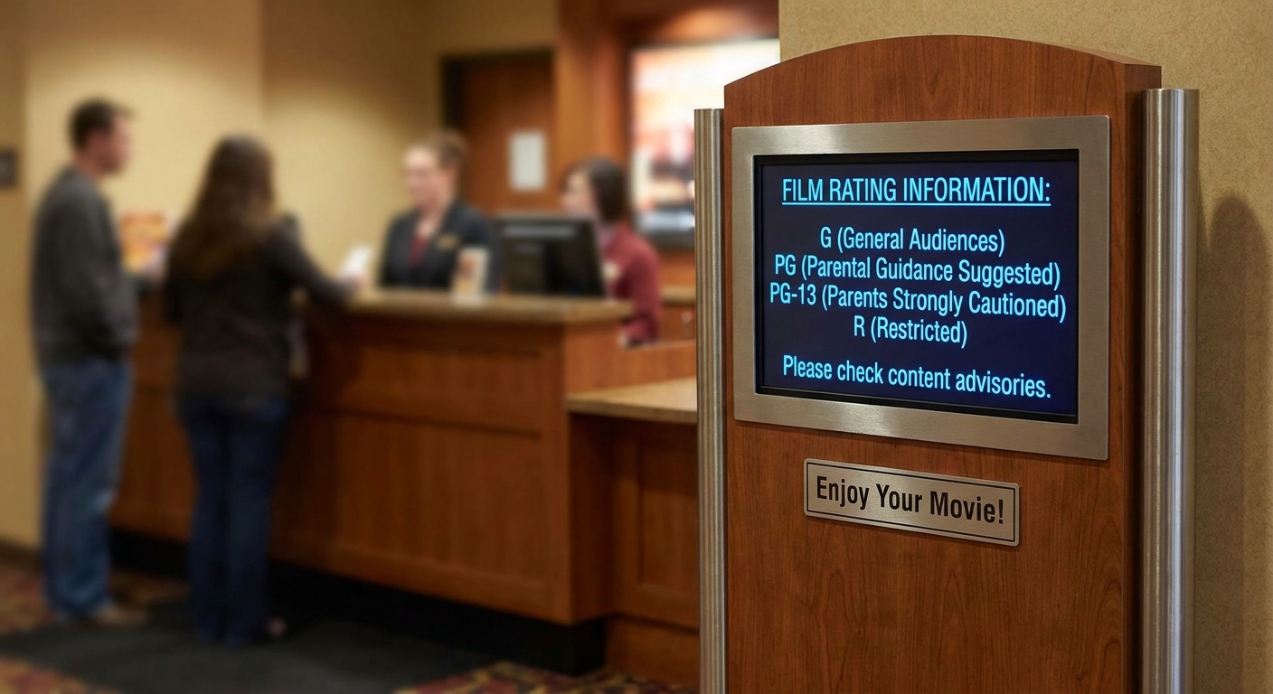 A theater lobby sign near a ticket counter displays film rating information for guests